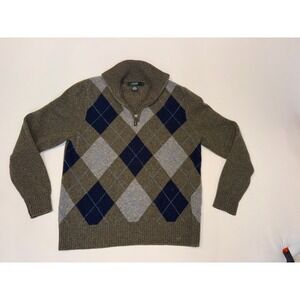 J.Crew Mens Argyle Quarter Zip Sweater 100% Lambswool Olive Green Navy Grey M